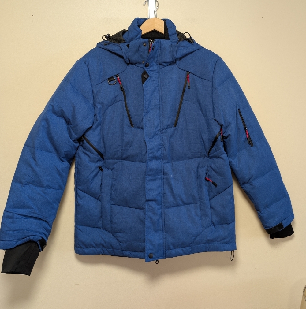 Down Fk0w Blue Hooded Down Puffer Jacket Mens L Winter Coat